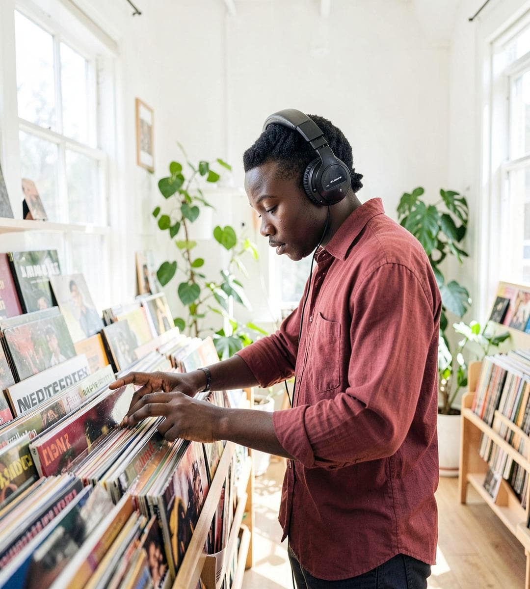 A listener discovering records while wearing headphones